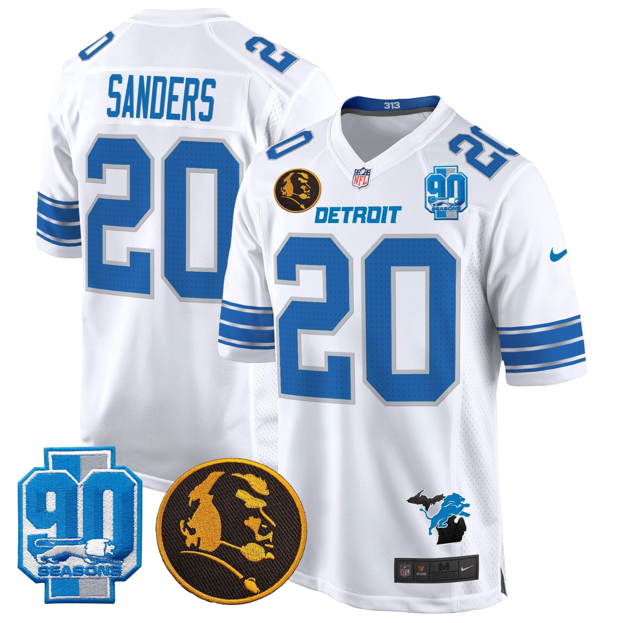 Detroit Lions 2024 90th & John Madden Patch Game Jersey – All Stitched – White – Barry Sanders Jersey