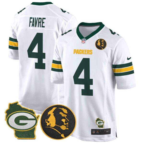 Packers John Madden & Home Patch Game Jersey – All Stitched – White – Brett Favre Jersey