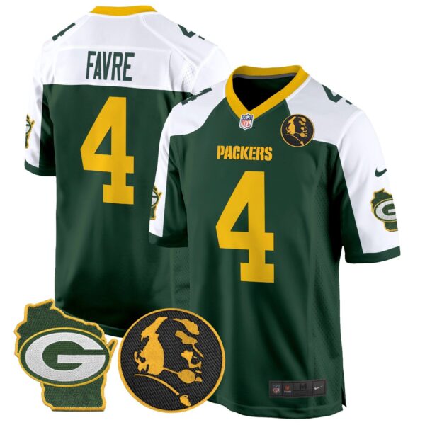 Packers John Madden & Home Patch Game Jersey – All Stitched – Green Alternate – Brett Favre Jersey