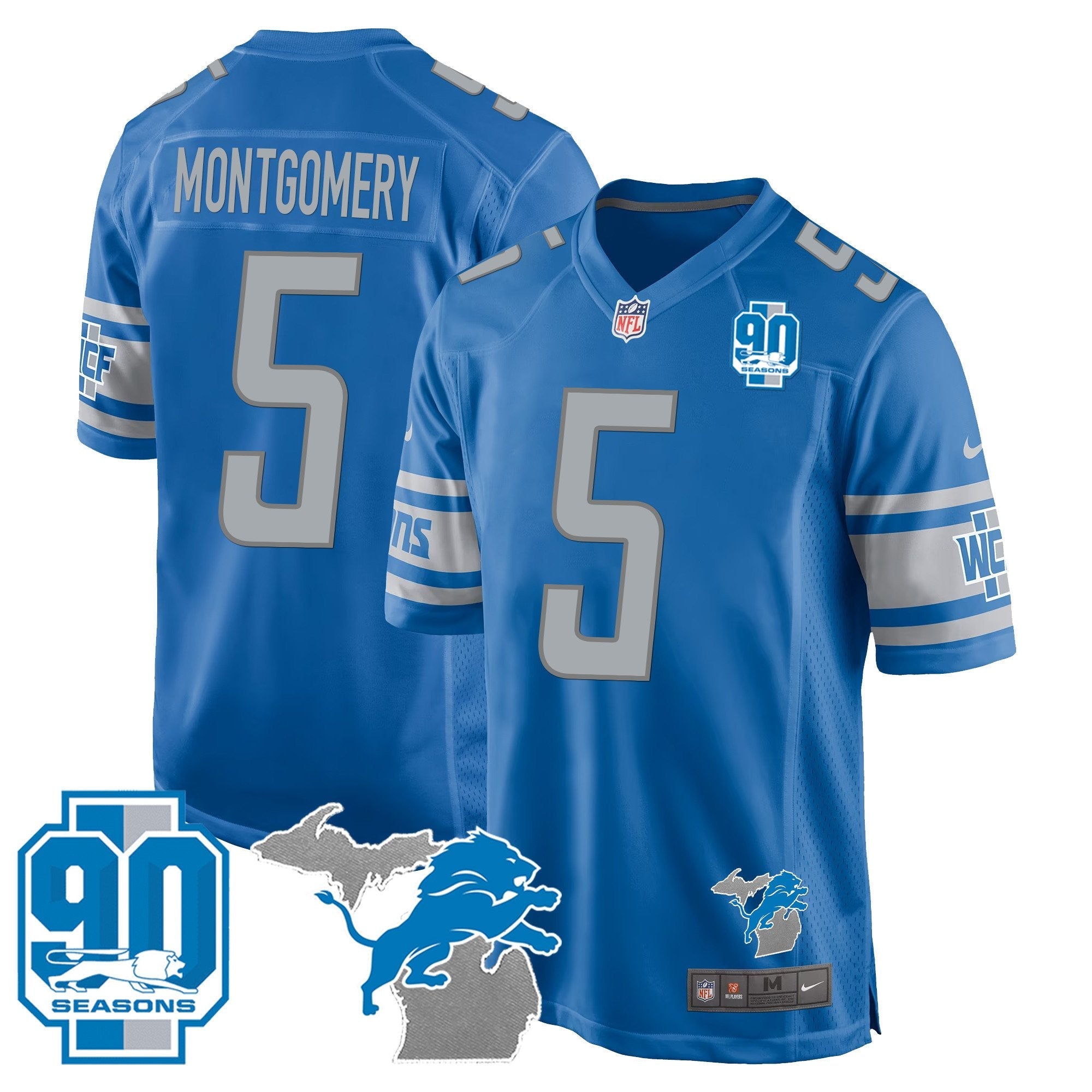 Detroit Lions 90th Year & Michigan Patch Game Jersey – All Stitched – Blue – David Montgomery Jersey