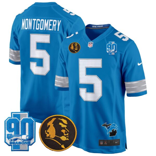 Detroit Lions 2024 90th & John Madden Patch Game Jersey – All Stitched – Blue – David Montgomery Jersey