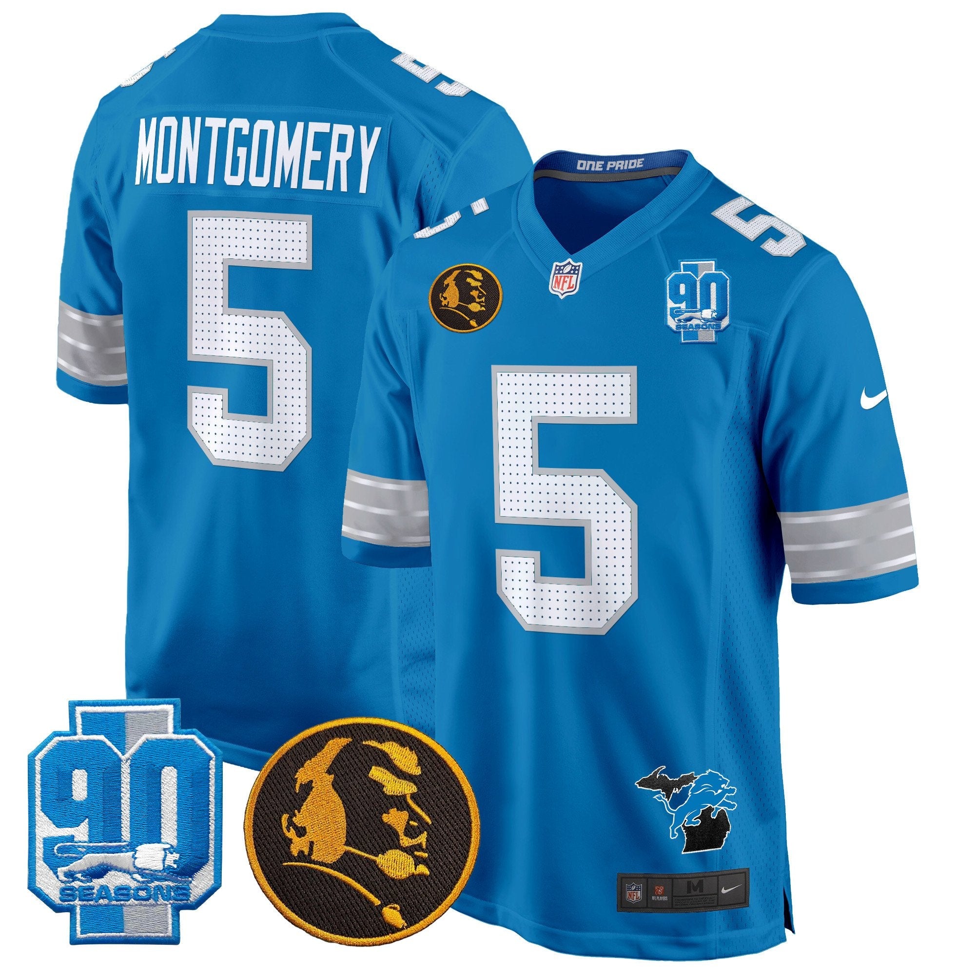 Detroit Lions 2024 90th & John Madden Patch Game Jersey – All Stitched – Blue – David Montgomery Jersey