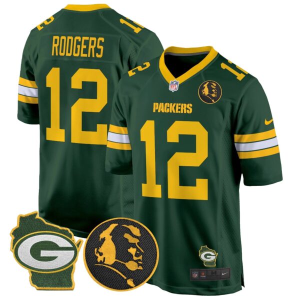 Packers John Madden & Home Patch Game Jersey – All Stitched – Green – Aaron Rodgers Jersey
