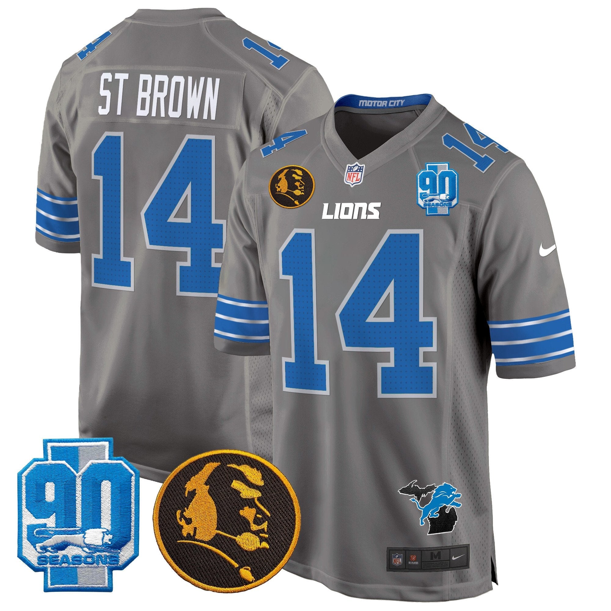 Detroit Lions 2024 90th & John Madden Patch Game Jersey – All Stitched – Gray – St.Brown Jersey