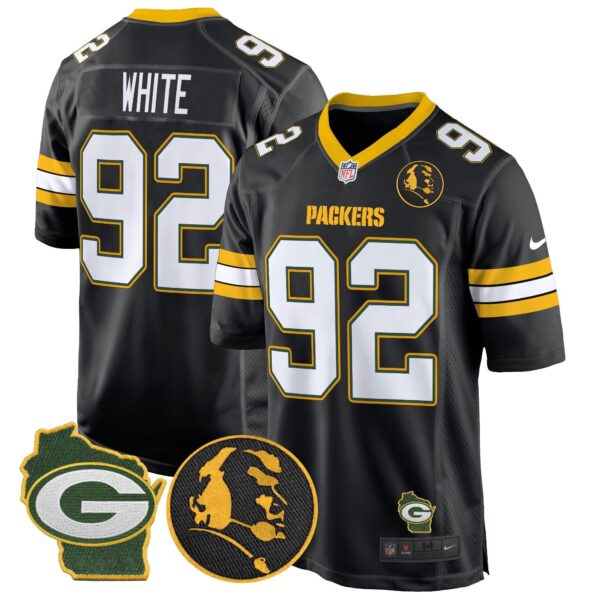 Packers John Madden & Home Patch Game Jersey – All Stitched – Black – Reggie White Jersey