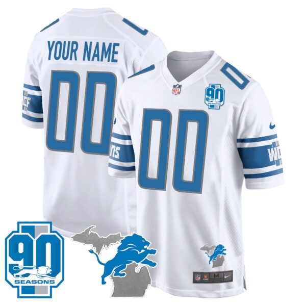 Detroit Lions 90th Year & Michigan Patch Game Custom Jersey – All Stitched – White Jersey