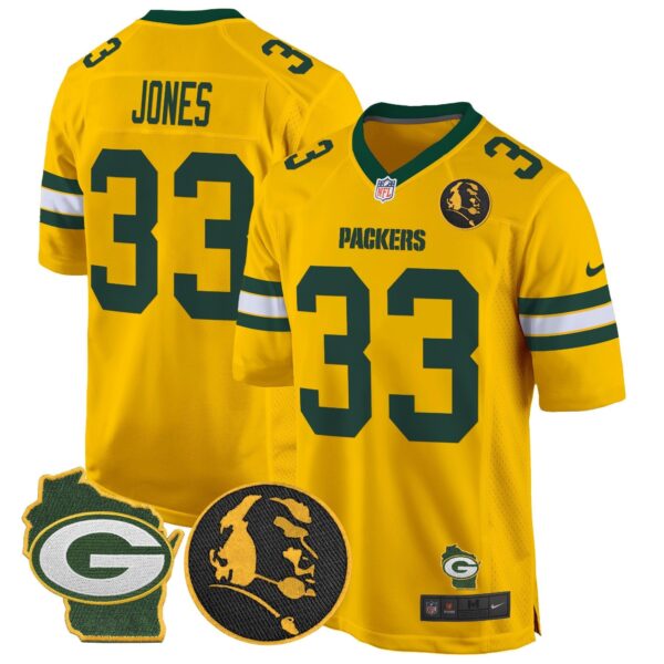 Packers John Madden & Home Patch Game Jersey – All Stitched – Gold – Aaron Jones Jersey