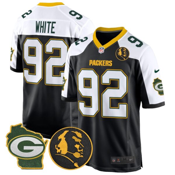Packers John Madden & Home Patch Game Jersey – All Stitched – Black Alternate – Reggie White Jersey
