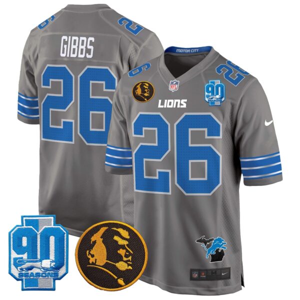 Detroit Lions 2024 90th & John Madden Patch Game Jersey – All Stitched – Gray – Jahmyr Gibbs Jersey