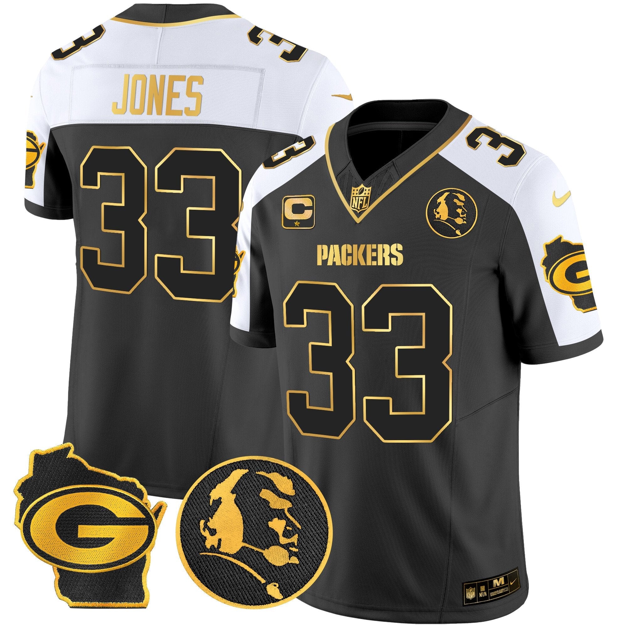 Packers John Madden & Home Patch Gold Vapor Limited Jersey – All Stitched – Alternate – Aaron Jones Jersey