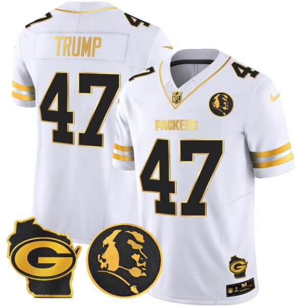 Packers John Madden & Home Patch Gold Vapor Limited Jersey – All Stitched – White Gold – Donald Trump Jersey