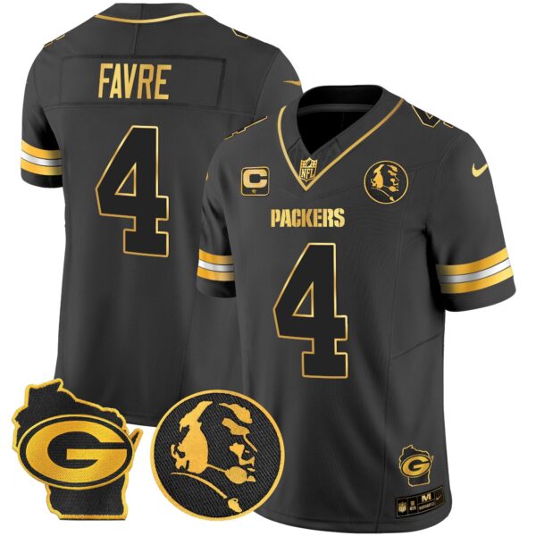 Packers John Madden & Home Patch Gold Vapor Limited Jersey – All Stitched – Black Gold – Brett Favre Jersey