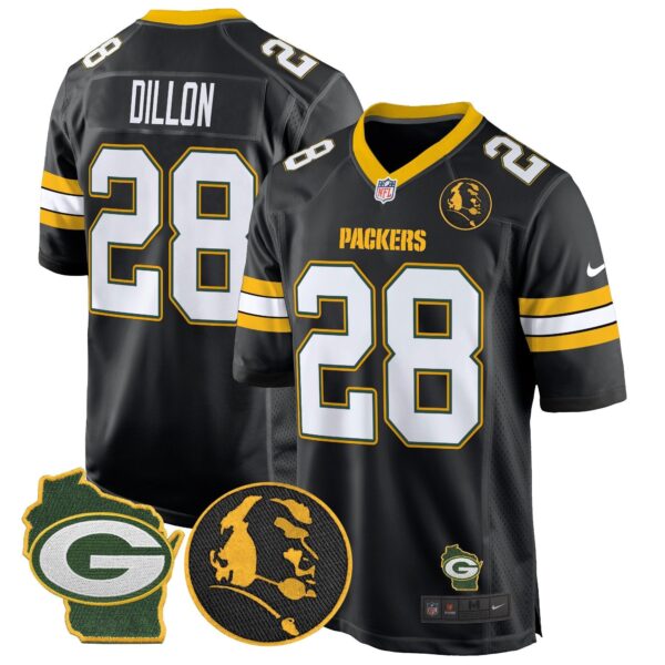 Packers John Madden & Home Patch Game Jersey – All Stitched – Black – AJ Dillon Jersey