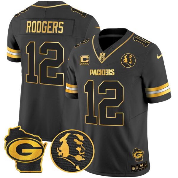 Packers John Madden & Home Patch Gold Vapor Limited Jersey – All Stitched – Black Gold – Aaron Rodgers Jersey
