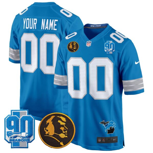 Detroit Lions 2024 90th & John Madden Patch Game Custom Jersey – All Stitched – Blue Jersey