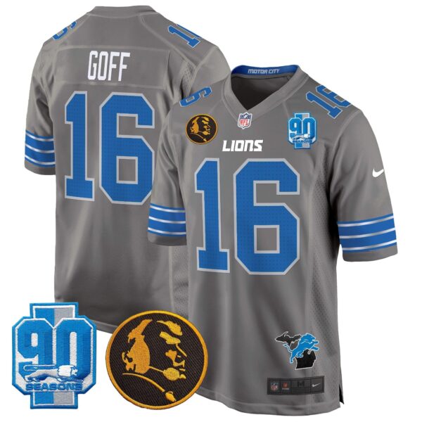 Detroit Lions 2024 90th & John Madden Patch Game Jersey – All Stitched – Gray – Jared Goff Jersey