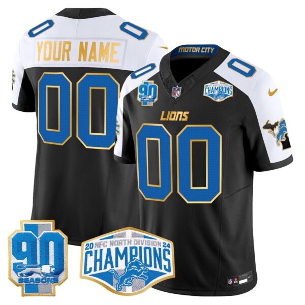 Detroit Lions 2024 NFC North Division Champions Patch Gold Trim Vapor Limited Custom Jersey – All Stitched – Black Alternate Jersey
