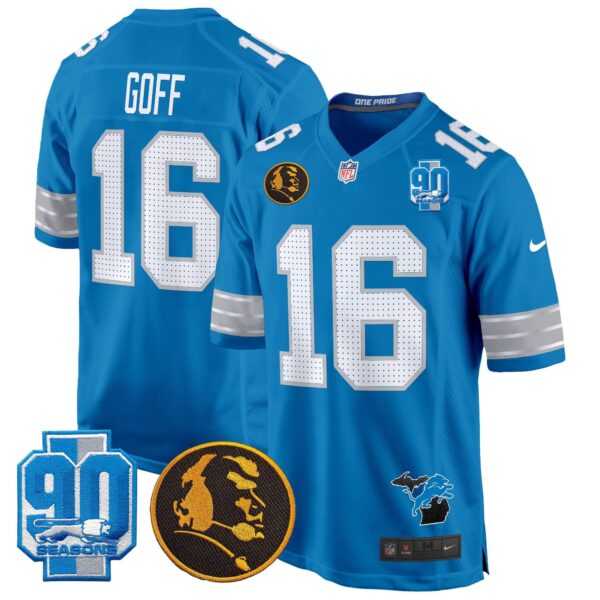 Detroit Lions 2024 90th & John Madden Patch Game Jersey – All Stitched – Blue – Jared Goff Jersey