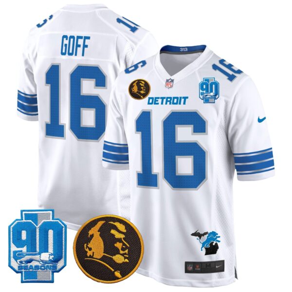 Detroit Lions 2024 90th & John Madden Patch Game Jersey – All Stitched – White – Jared Goff Jersey