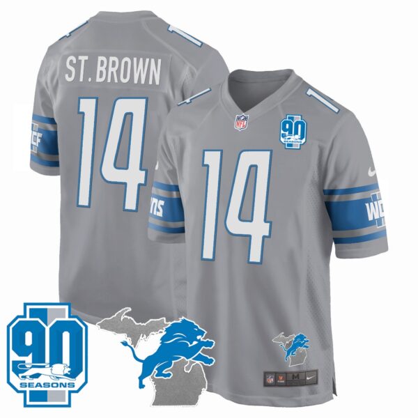 Detroit Lions 90th Year & Michigan Patch Game Jersey – All Stitched – Gray – St. Brown Jersey