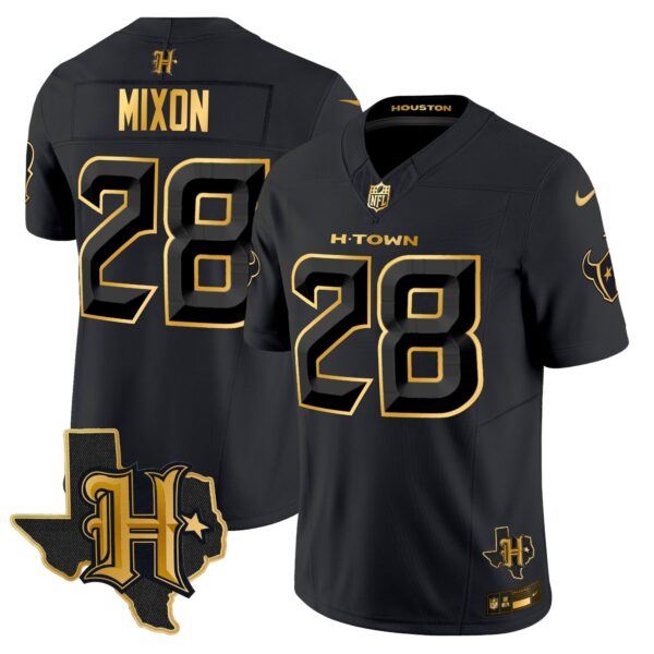 Houston Texans 2024 Texas Patch Gold Vapor Limited Jersey – All Stitched – Black Gold – Joe Mixon Jersey