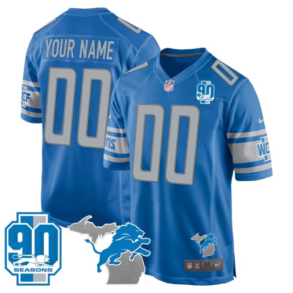 Detroit Lions 90th Year & Michigan Patch Game Custom Jersey – All Stitched – Blue Jersey