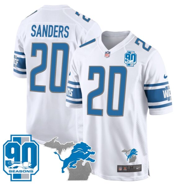 Detroit Lions 90th Year & Michigan Patch Game Jersey – All Stitched – White – Barry Sanders Jersey
