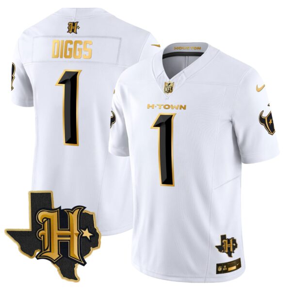 Houston Texans 2024 Texas Patch Gold Vapor Limited Jersey – All Stitched – White Gold – Stefon Diggs Jersey