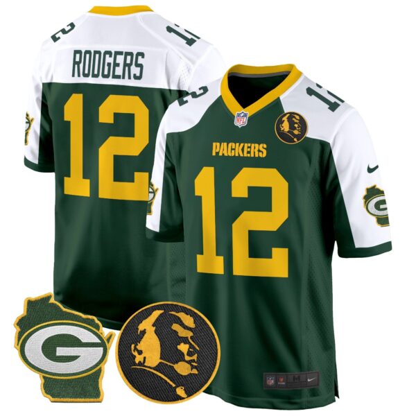Packers John Madden & Home Patch Game Jersey – All Stitched – Green Alternate – Aaron Rodgers Jersey