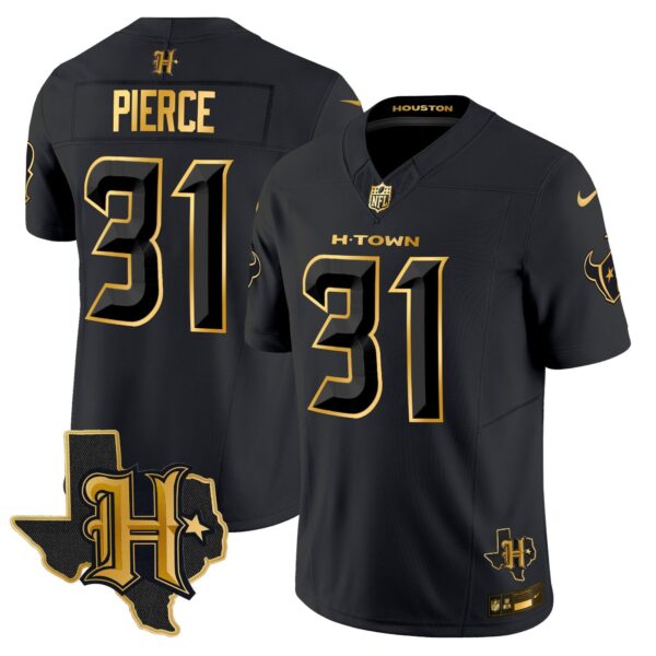 Houston Texans 2024 Texas Patch Gold Vapor Limited Jersey – All Stitched – Black Gold – Dameon Pierce Jersey