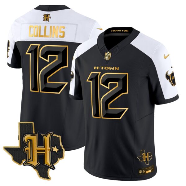 Houston Texans 2024 Texas Patch Gold Vapor Limited Jersey – All Stitched – Alternate – Nico Collins Jersey