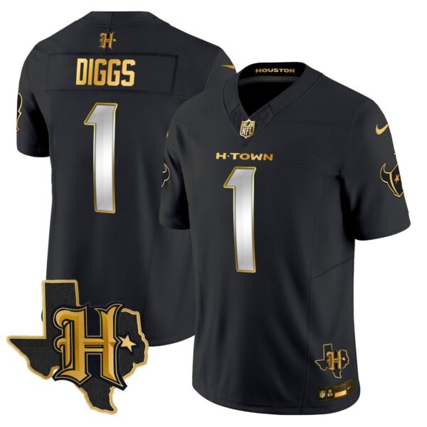Houston Texans 2024 Texas Patch Gold Vapor Limited Jersey – All Stitched – Black Limited – Stefon Diggs Jersey