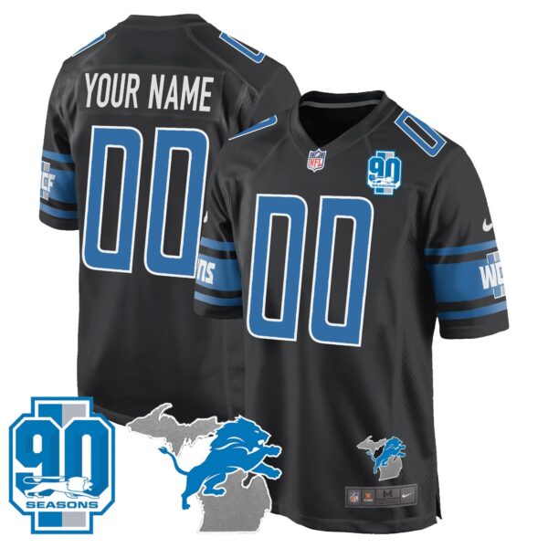 Detroit Lions 90th Year & Michigan Patch Game Custom Jersey – All Stitched – Black Jersey