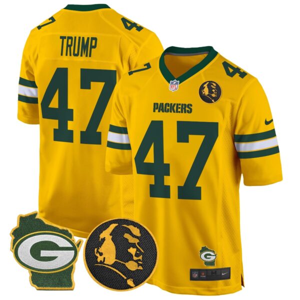 Packers John Madden & Home Patch Game Jersey – All Stitched – Gold – Donald Trump Jersey