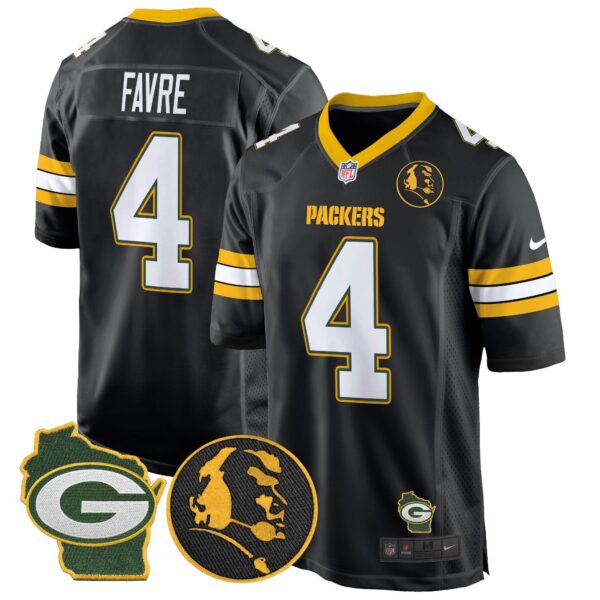 Packers John Madden & Home Patch Game Jersey – All Stitched – Black – Brett Favre Jersey