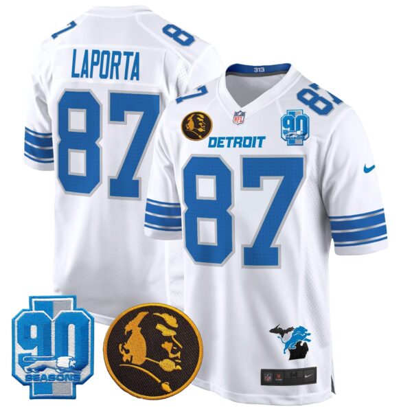 Detroit Lions 2024 90th & John Madden Patch Game Jersey – All Stitched – White – Sam Laporta Jersey