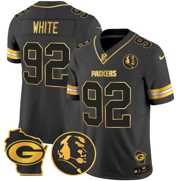 Packers John Madden & Home Patch Gold Vapor Limited Jersey – All Stitched – Black Gold – Reggie White Jersey