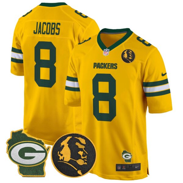 Packers John Madden & Home Patch Game Jersey – All Stitched – Gold – Josh Jacobs Jersey