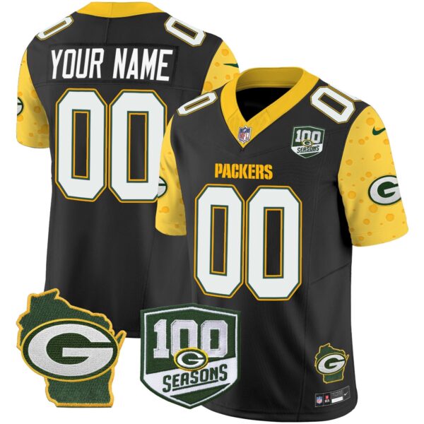 Packers 100th Season & Home Patch Cheese Vapor Limited Custom Jersey – All Stitched – Black Jersey