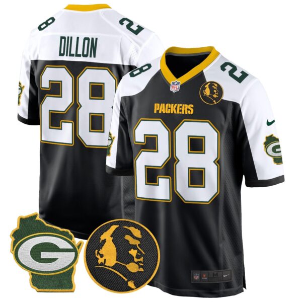 Packers John Madden & Home Patch Game Jersey – All Stitched – Black Alternate – AJ Dillon Jersey