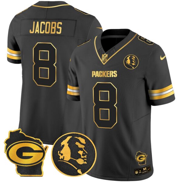 Packers John Madden & Home Patch Gold Vapor Limited Jersey – All Stitched – Black Gold – Josh Jacobs Jersey