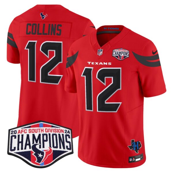 Houston Texans 2024 AFC South Division Champions Patch Vapor Limited Jersey – All Stitched – Red – Nico Collins Jersey
