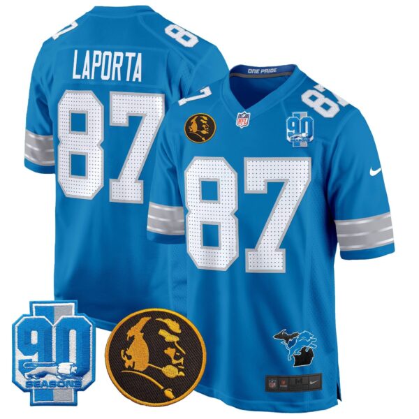 Detroit Lions 2024 90th & John Madden Patch Game Jersey – All Stitched – Blue – Sam Laporta Jersey