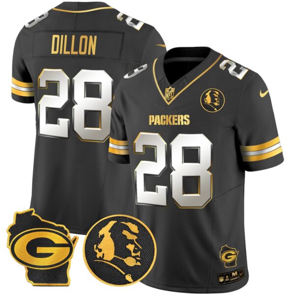 Packers John Madden & Home Patch Gold Vapor Limited Jersey – All Stitched – Black Limited – AJ Dillon Jersey