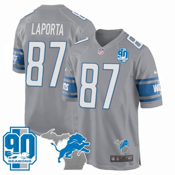 Detroit Lions 90th Year & Michigan Patch Game Jersey – All Stitched – Gray – Sam Laporta Jersey