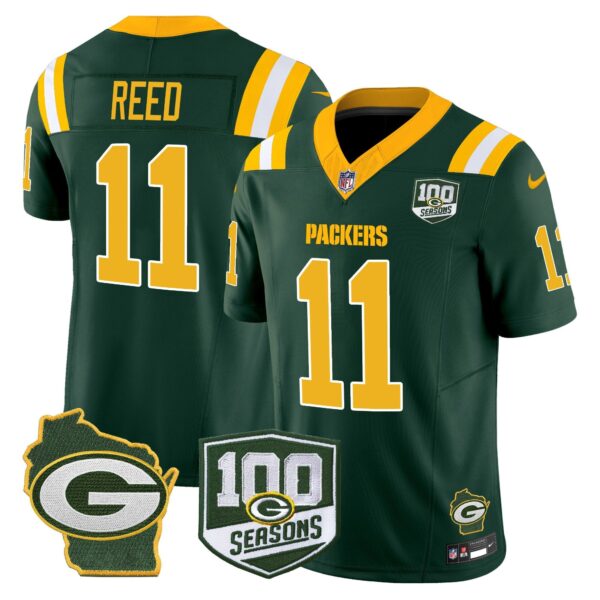 Packers 100th Season & Home Patch Vapor Limited Jersey – All Stitched – Green – Jayden Reed Jersey