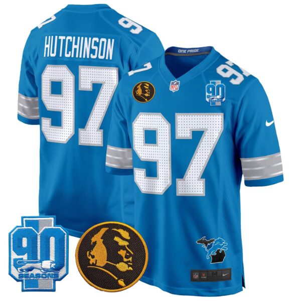 Detroit Lions 2024 90th & John Madden Patch Game Jersey – All Stitched – Blue – Hutchinson Jersey