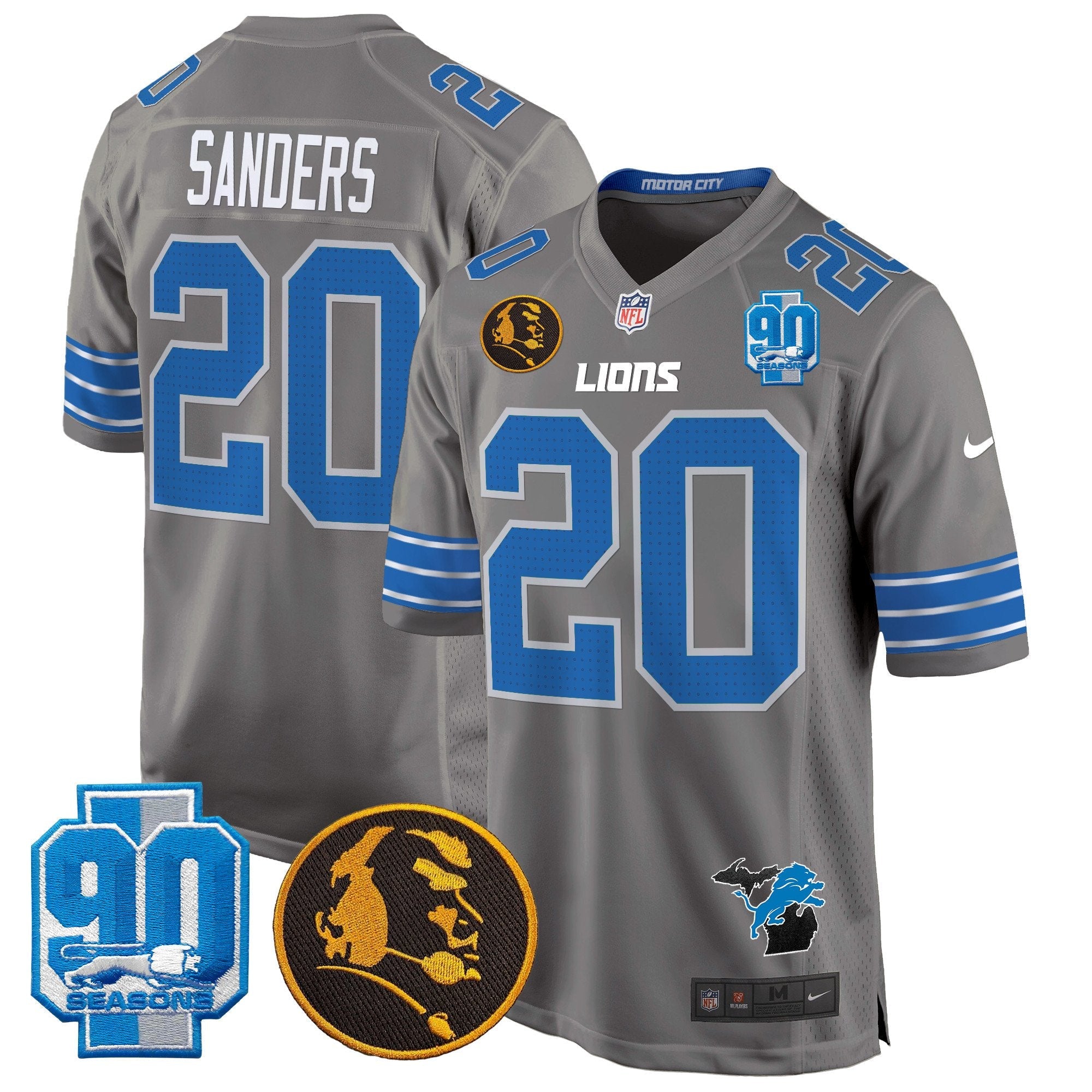 Detroit Lions 2024 90th & John Madden Patch Game Jersey – All Stitched – Gray – Barry Sanders Jersey