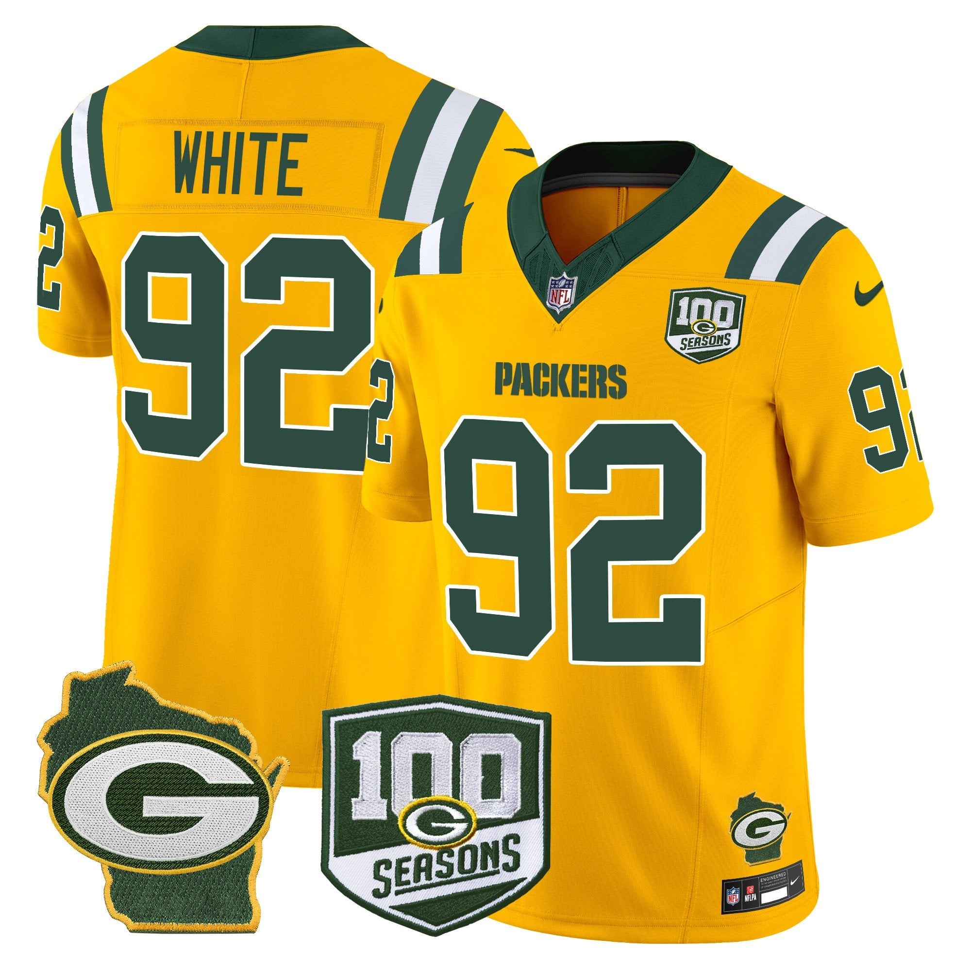 Packers 100th Season & Home Patch Vapor Limited Jersey – All Stitched – Gold – Reggie White Jersey