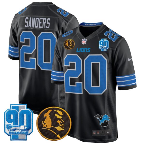 Detroit Lions 2024 90th & John Madden Patch Game Jersey – All Stitched – Black – Barry Sanders Jersey